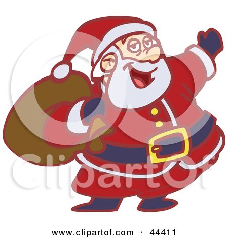 Clipart Illustration of a Friendly Santa Claus Waving With His Hand And Carrying His Bag by Frisko