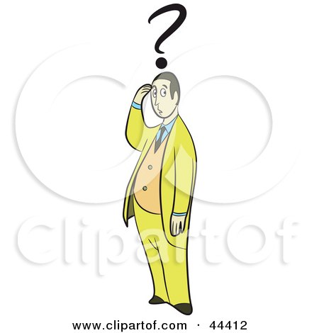 Clipart Illustration of a Confused Caucasian Man In A Yellow Suit, Standing Under A Question Mark by Frisko
