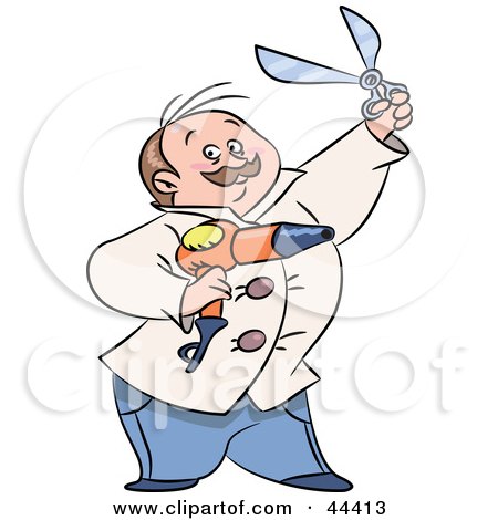Clipart Illustration of a Chubby Male Barber Holding A Blow Dryer And Scissors by Frisko