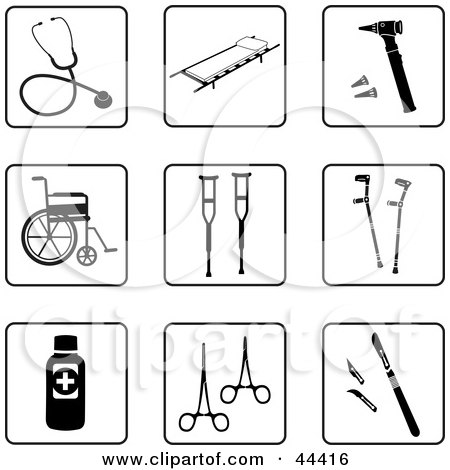 Clipart Illustration of a Digital Collage Of Black And White Medical Icons by Frisko