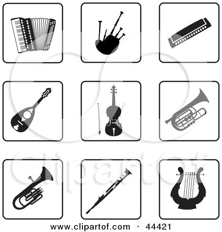 Clipart Illustration of a Digital Collage Of Black And White Instrument Icons by Frisko