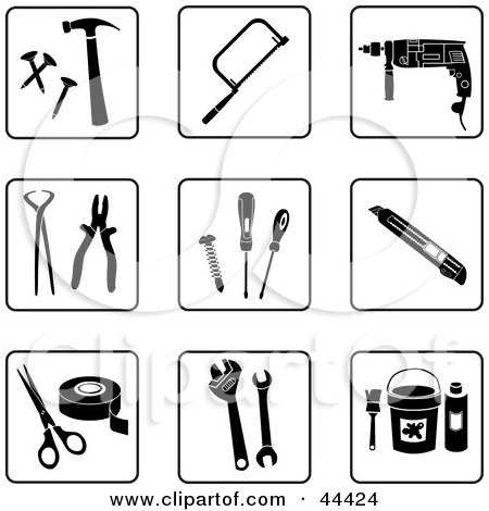 Clipart Illustration of a Digital Collage Of Black And White Tool Icons by Frisko