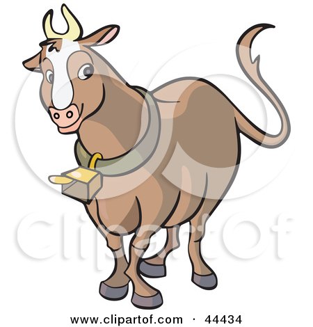 Clipart Illustration of a Brown Horned Cow Wearing A Bell by Frisko
