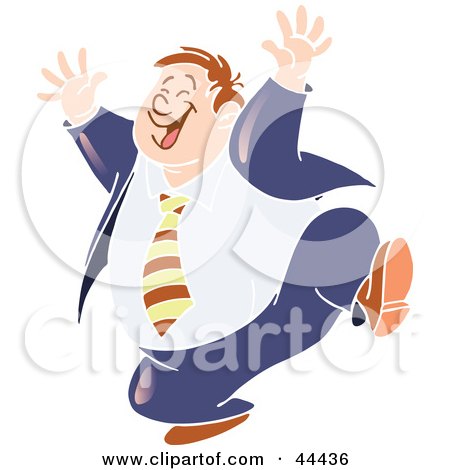 Clipart Illustration of a Fat Business Man Running And Smiling by Frisko