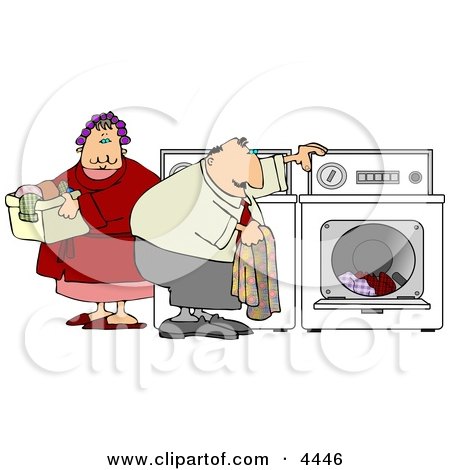 Overweight Man and Woman Washing Clothes Together On Laundry Day Clipart by djart