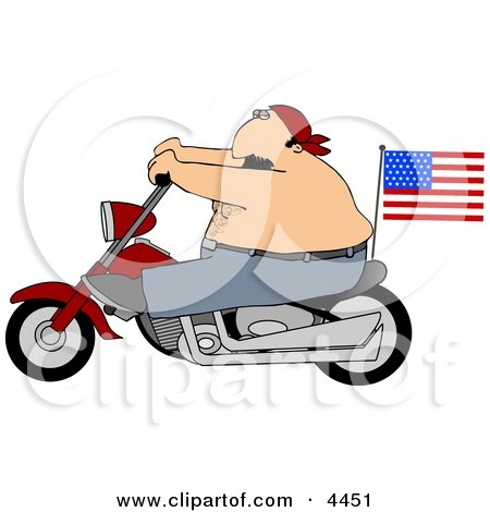 American Male Patriot Riding a Motorcycle with an American Flag Clipart by djart