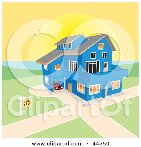 Clipart Illustration of a Custom Blue Home For Sale On A Lake At Sunset by toonster