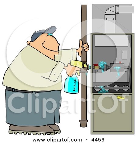 Man Spraying a Cleaning Solvent On a Standard Household Furnace Clipart by djart