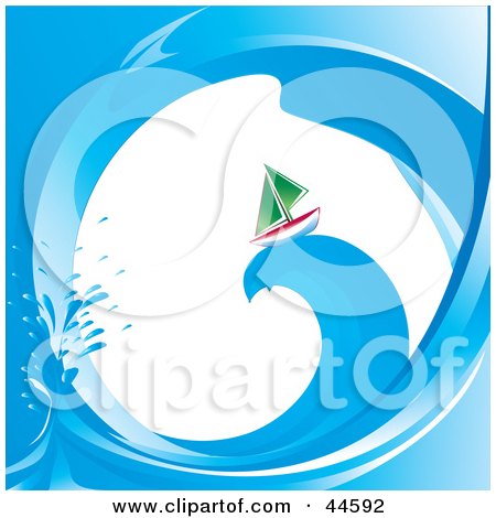 Clipart Illustration of a Scene Through A Wave On A Green Sailboat Riding On Top Of A Wave by MilsiArt