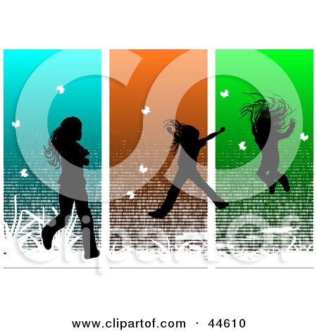 Clipart Illustration of a Silhouetted Girl Running And Jumping Over Green, Orange And Blue Panels by MilsiArt