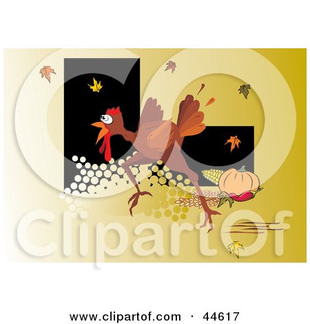 Clipart Illustration of a Frightened Turkey Running On An Orange Background With Leaves by MilsiArt
