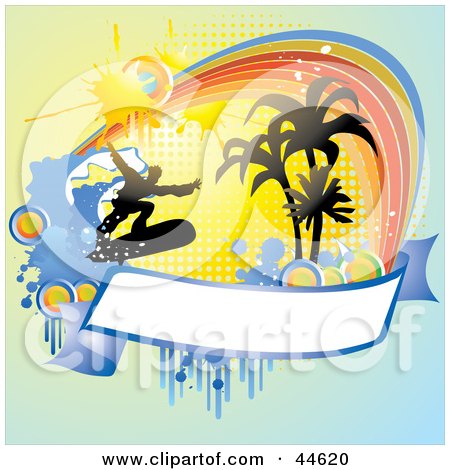 Clipart Illustration of a Grungy Silhouetted Surfer And Blank Banner Background by MilsiArt