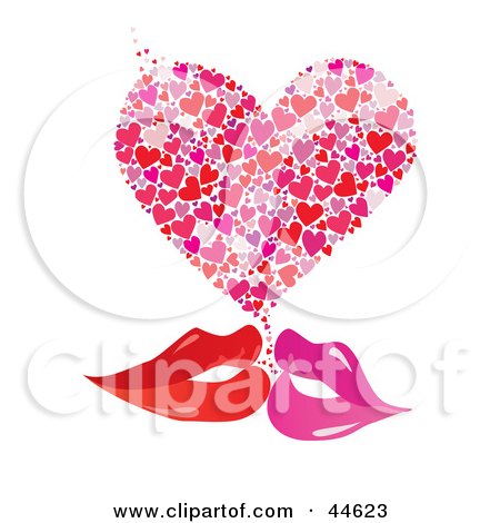 Clipart Illustration of a Pair Of Red And Pink Female Lips Kissing With A Heart by MilsiArt