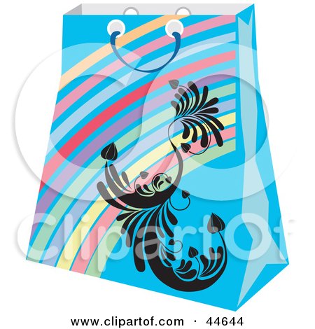 Clipart Illustration of a Blue Rainbow Shopping Bag With A Black Scroll Design by MilsiArt