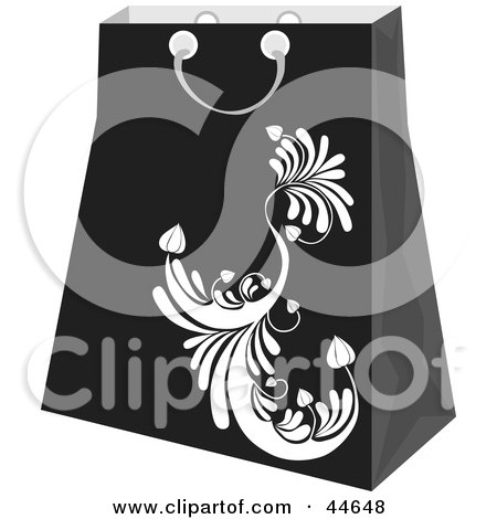 Clipart Illustration of a Black Shopping Bag With A White Scroll Design by MilsiArt