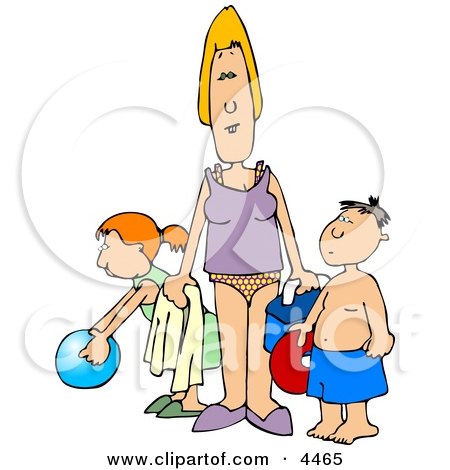 Single Parent Trying to Have Fun at the Beach with Her Children Clipart by djart