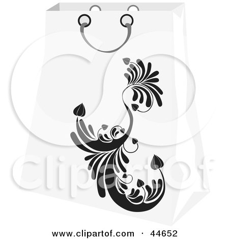 Clipart Illustration of a White Shopping Bag With A Black Scroll Design by MilsiArt