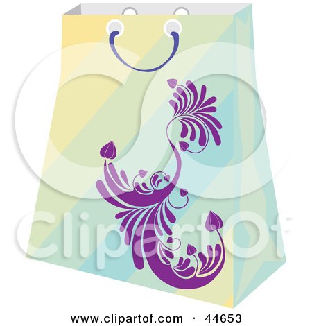 Clipart Illustration of a Green Gradient Shopping Bag With A Purple Scroll Design by MilsiArt