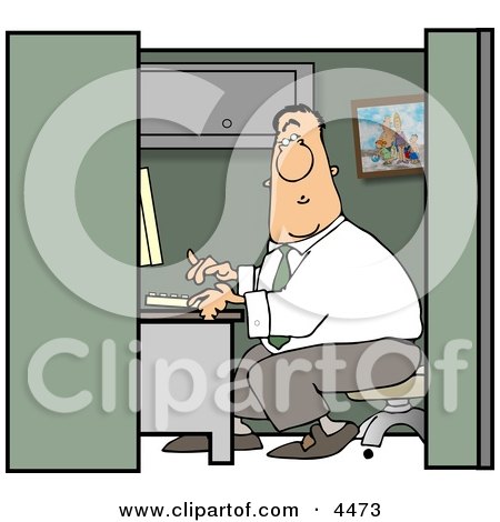 Male Computer Programmer Working in Typing On Computer Keyboard In His Cubicle Clipart by djart