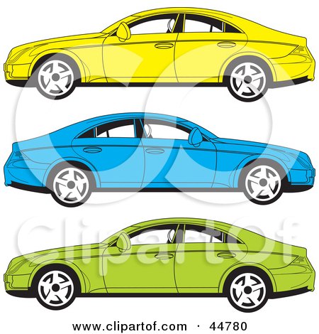 Royalty-free (RF) Clipart Illustration of a Digital Collage Of Yellow, Blue And Green Cars In Profile by Lal Perera