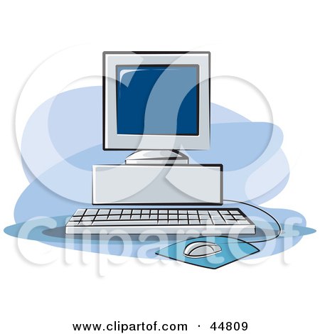 Royalty-free (RF) Clipart Illustration of a Desktop Computer Workstation With The Screen On Top Of The Tower by Lal Perera