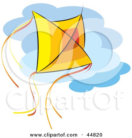 Royalty-free (RF) Clipart Illustration of a Red, Orange And Yellow Kite Flying Against A Cloudy Sky by Lal Perera