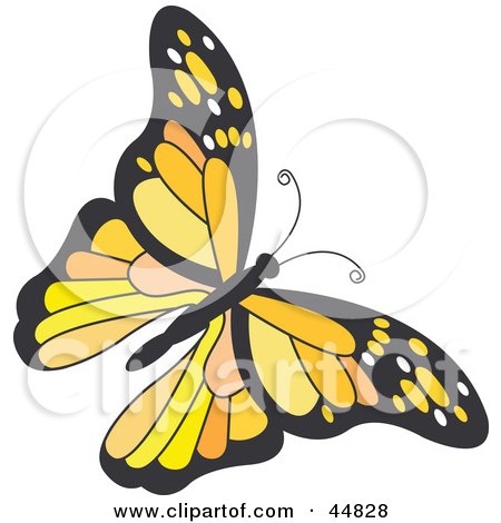 Royalty-free (RF) Clipart Illustration of a Flying Orange, Black And Yellow Butterfly by Lal Perera