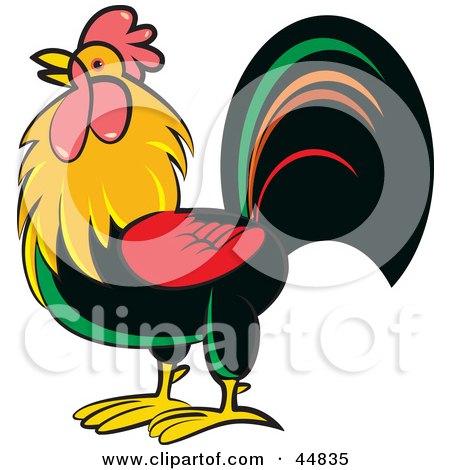 Royalty-free (RF) Clipart Illustration of a Colorful Alpha Rooster in Profile by Lal Perera