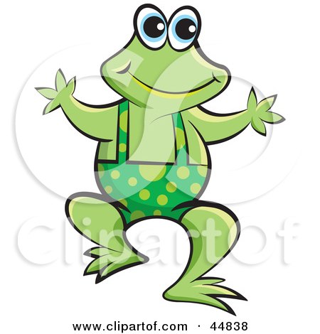 Royalty-free (RF) Clipart Illustration of a Green Froggy Character Wearing Spotted Shortalls by Lal Perera