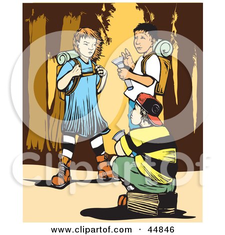 Royalty-free (RF) Clipart Illustration of a Girl And Two Boys Hiking In The Wilderness by xunantunich
