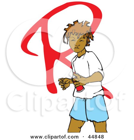 Royalty-free (RF) Clipart Illustration of a Black Girl Spray Painting A Red R On A Wall by xunantunich