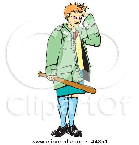 Royalty-free (RF) Clipart Illustration of a Girl Standing And Holding A Baseball Bat While Touching Her Hair by xunantunich