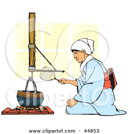Royalty-free (RF) Clipart Illustration of a Woman Kneeling Before A Pot And Fanning The Steam by xunantunich