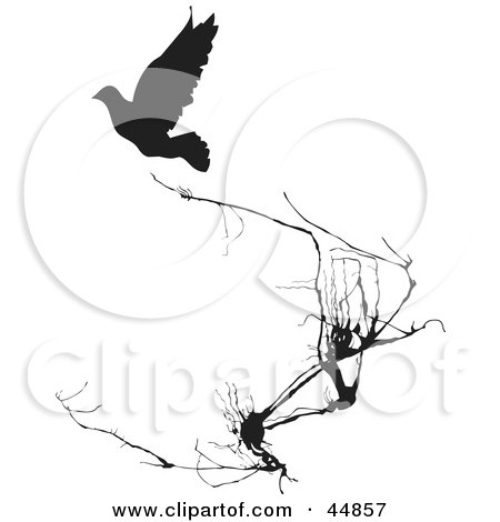 Royalty-free (RF) Clipart Illustration of a Black Silhouetted Bird Near Weeds by xunantunich