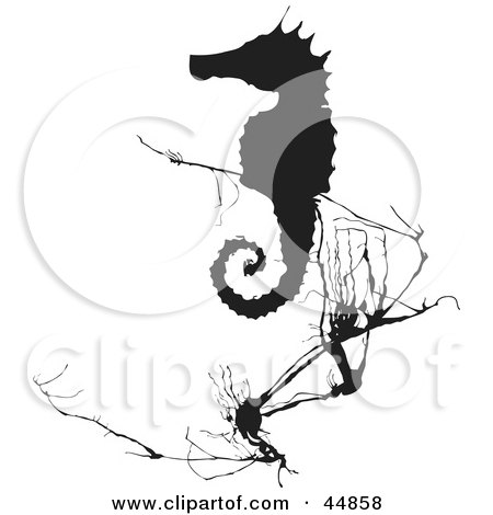 Royalty-free (RF) Clipart Illustration of a Black Silhouetted Seahorse Near Weeds by xunantunich