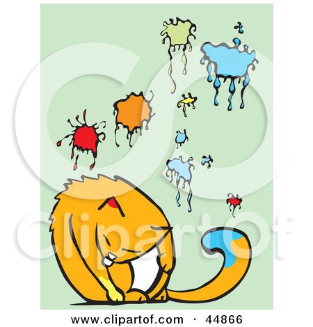 Royalty-free (RF) Clipart Illustration of a Cat Licking Paint Off Of Its Fur, Sitting Next To A Wall With Paint Splatters by xunantunich
