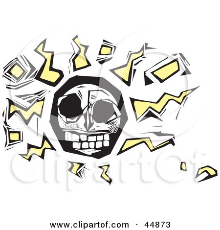 Royalty-free (RF) Clipart Illustration of an Abstract Human Skull With Yellow Squiggles And Cubes by xunantunich