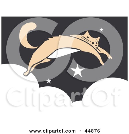 Royalty-free (RF) Clipart Illustration of a Beige Cat Leaping Over Clouds In A Starry Night Sky by xunantunich