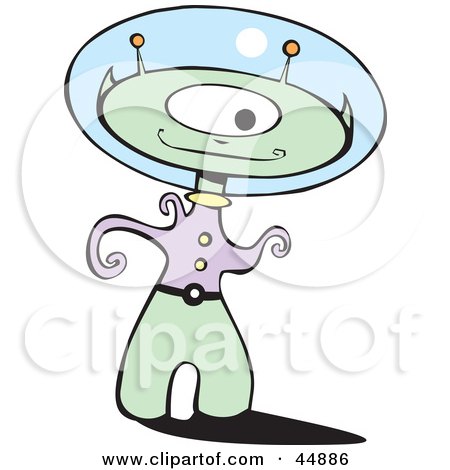 Royalty-free (RF) Clipart Illustration of a One Eyed Green Alien Wearing A Head Globe by xunantunich