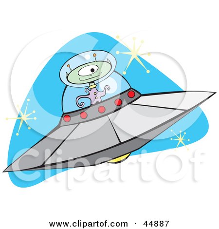 Royalty-free (RF) Clipart Illustration of a One Eyed Green Alien Flying A Saucer In Space by xunantunich