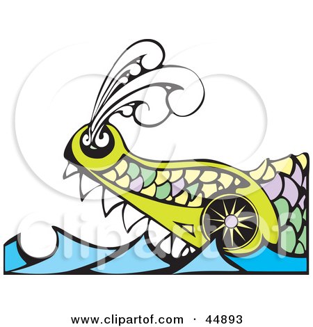 Royalty-free (RF) Clipart Illustration of a Giant Colorful Scaled Leviathan Sea Monster With Sharp Teeth, Floating In Waves by xunantunich
