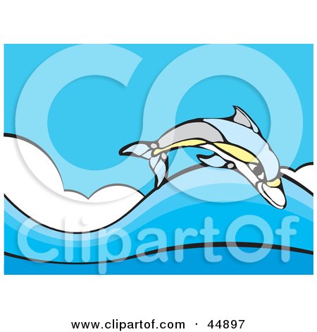 Royalty-free (RF) Clipart Illustration of a Colorful Dolphin Leaping Over Blue Sea Waves by xunantunich