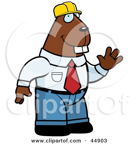 Royalty-free (RF) Clipart Illustration of a Friendly Waving Builder Beaver Wearing A Hard Hat by Cory Thoman