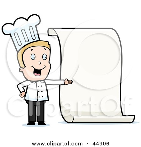 Royalty-free (RF) Clipart Illustration of a Toon Guy Chef Character Presenting A Blank Menu by Cory Thoman