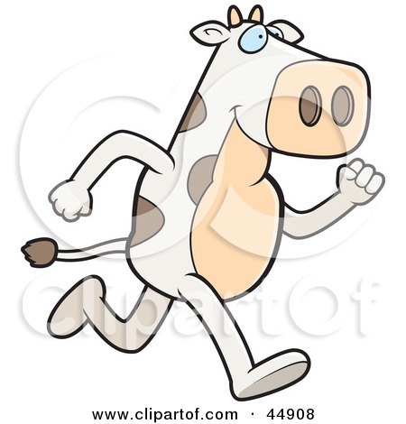 Royalty-free (RF) Clipart Illustration of a Running White And Brown Cow Character by Cory Thoman