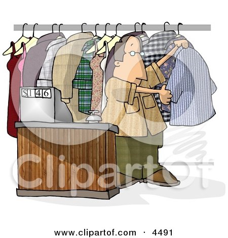Dry Cleaner Standing Beside Clothing and Cash Register Clipart by djart