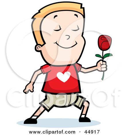Royalty-free (RF) Clipart Illustration of a Sweet Blond Caucasian Boy Character Holding A Red Rose by Cory Thoman