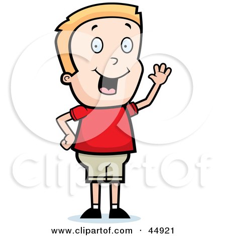 Royalty-free (RF) Clipart Illustration of a Friendly Waving Blond Caucasian Boy Character by Cory Thoman