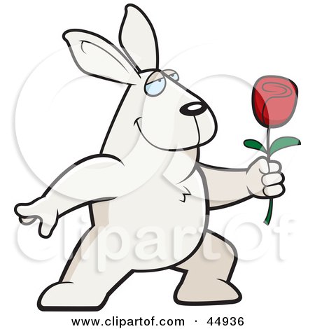 Royalty-free (RF) Clipart Illustration of an Amorous White Male Rabbit Presenting A Single Red Rose by Cory Thoman