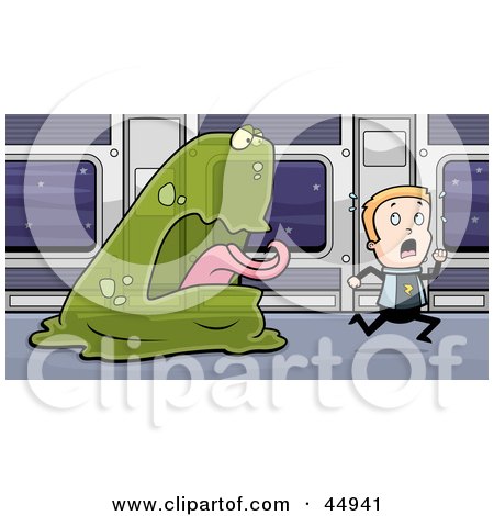 Royalty-free (RF) Clipart Illustration of a Scared Space Explorer Kid Running From A Green Blob Monster by Cory Thoman